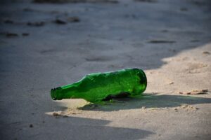beach, bottle, beer, sea, sand, ocean, water, island, glass, summer, vacation, lighthouse, trash, alcohol, rum, tropical, recycling, nature, blue bottle